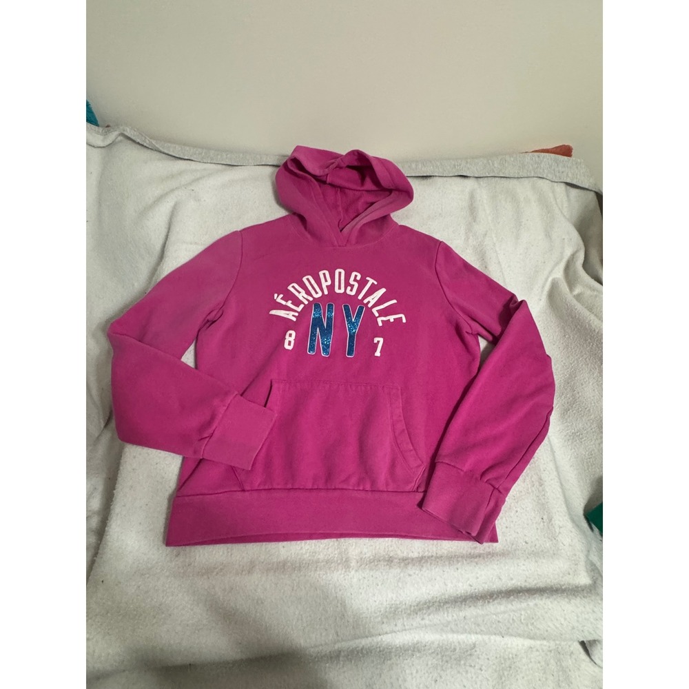Aeropostale Kids Pink NY 87 Glitter Logo Pullover Hoodie Sweatshirt XL